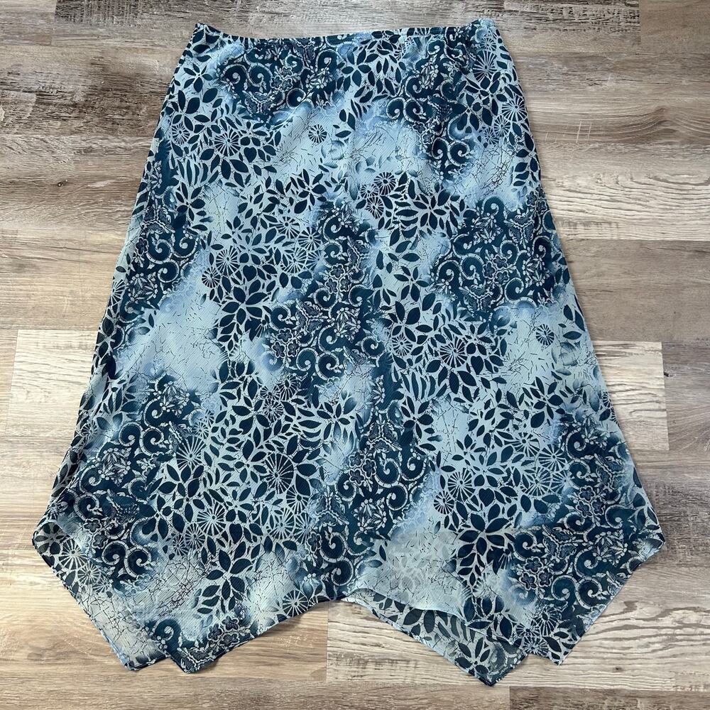 Vintage 90s Skirt Blue Burnout Velvet Midi Jagged Hem Y2K Witchy 16W